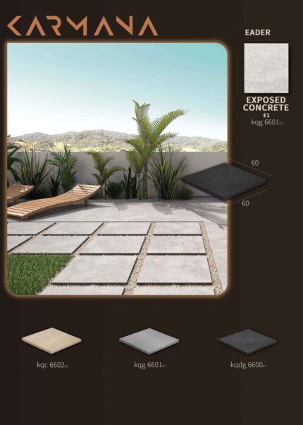 پیش‌نمایش اجرای بتن اکسپوز ۶۰×۶۰ در فضای بیرونی مدرن به همراه رنگ‌بندی کامل محصولات کارمانا گروپ
