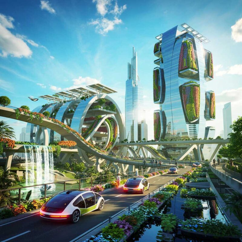 تصویری از شهر پایدار آینده با استفاده از مصالح نوین معماری، ساختمان&zwnj;های سبز، انرژی خورشیدی و فناوری&zwnj;های پیشرفته
