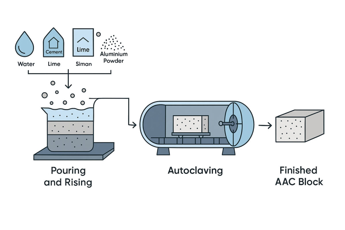 نمودار تصویری مراحل تولید بلوک AAC از ترکیب مواد اولیه تا اتوکلاو و خروجی نهایی