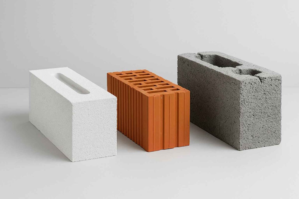 تصویر سه نوع بلوک ساختمانی شامل بلوک AAC، سفالی و بتنی در کنار یکدیگر برای مقایسه بصری