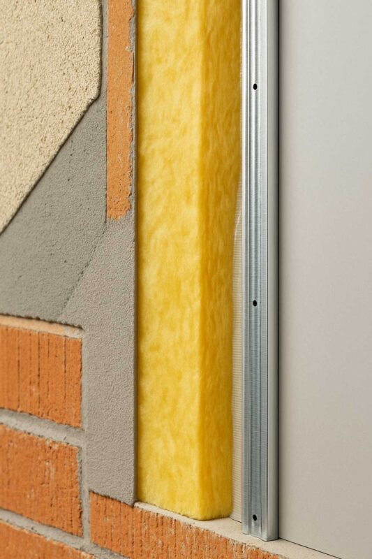 نمای مقطع دیوار ساختمانی شامل لایه&zwnj;های عایق حرارتی برای بهینه&zwnj;سازی مصرف انرژی ساختمان