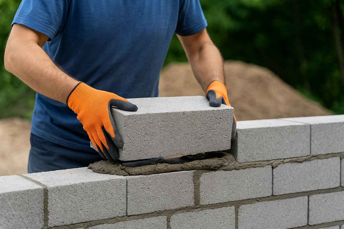 کارگر ساختمانی در حال اجرای بلوک با چسب مخصوص، تراز و ابزار دقیق روی سطح ترازشده