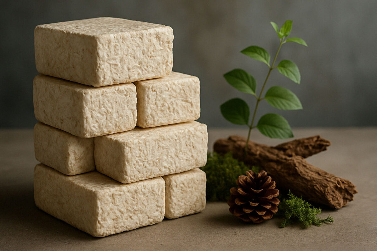 چیدمان مصالح ساختهشده از قارچ روی بستر طبیعی، نمادی از معماری پایدار و هماهنگ با محیط زیست