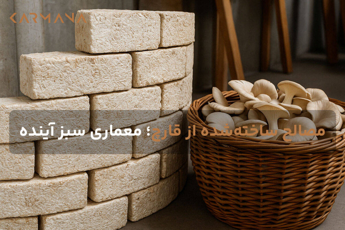 آجرهای زیستی ساخته‌شده از قارچ در کنار سبد قارچ تازه، به‌عنوان نمونه‌ای از مصالح زیستی برای معماری پایدار