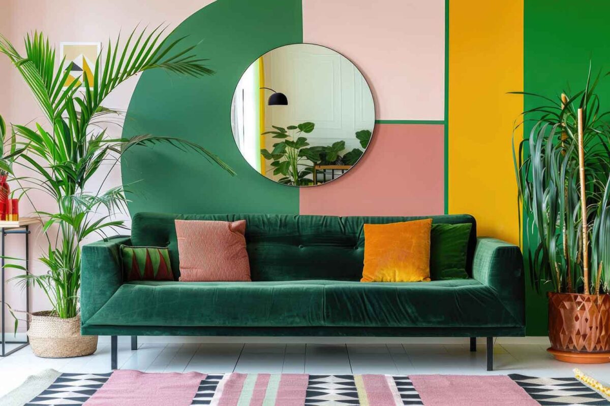 ترکیب رنگ&zwnj;های شاد و زنده در فضای داخلی با دیوارهای هندسی و مبلمان سبز، طراحی معمارانه و انسان&zwnj;محور
