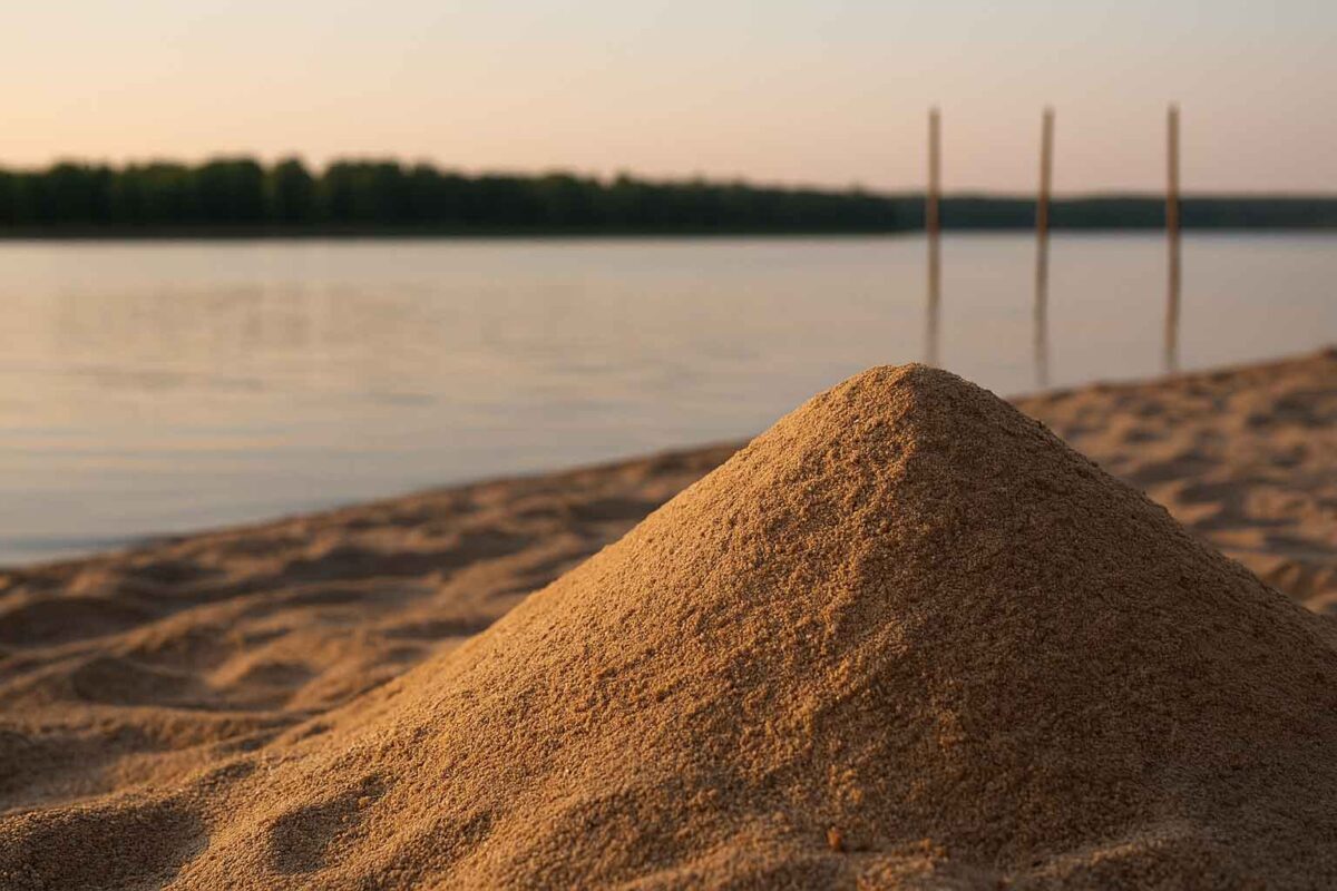 انبار غیراصولی ماسه ساختمانی در فضای باز، بدون پوشش و روی خاک فشرده در معرض آلودگی محیطی