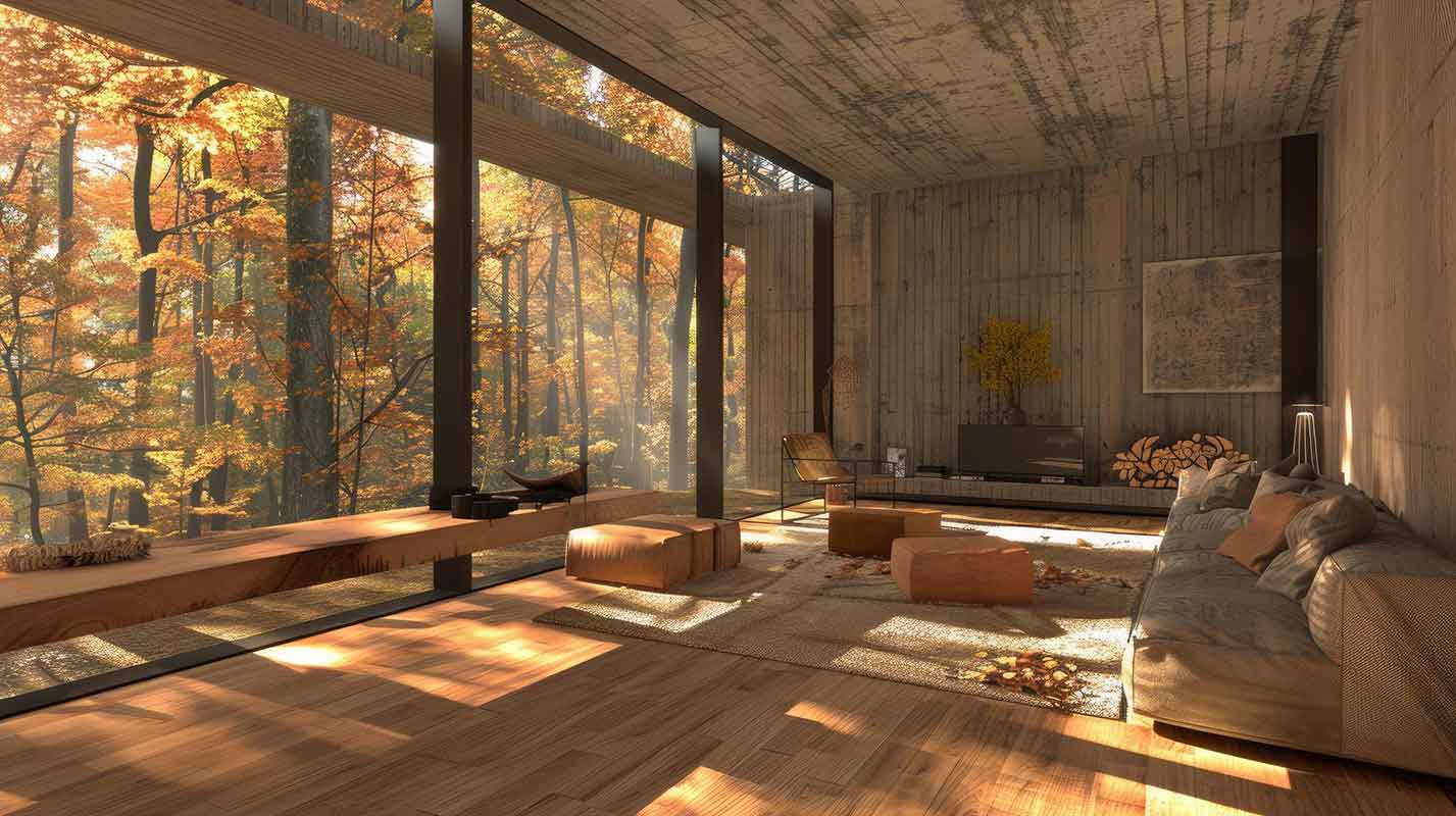 فضای داخلی چوبی با نور طبیعی پاییزی که تأثیر معماری بر شادی را با نور و بافت آرامش&zwnj;بخش نمایان می&zwnj;کند